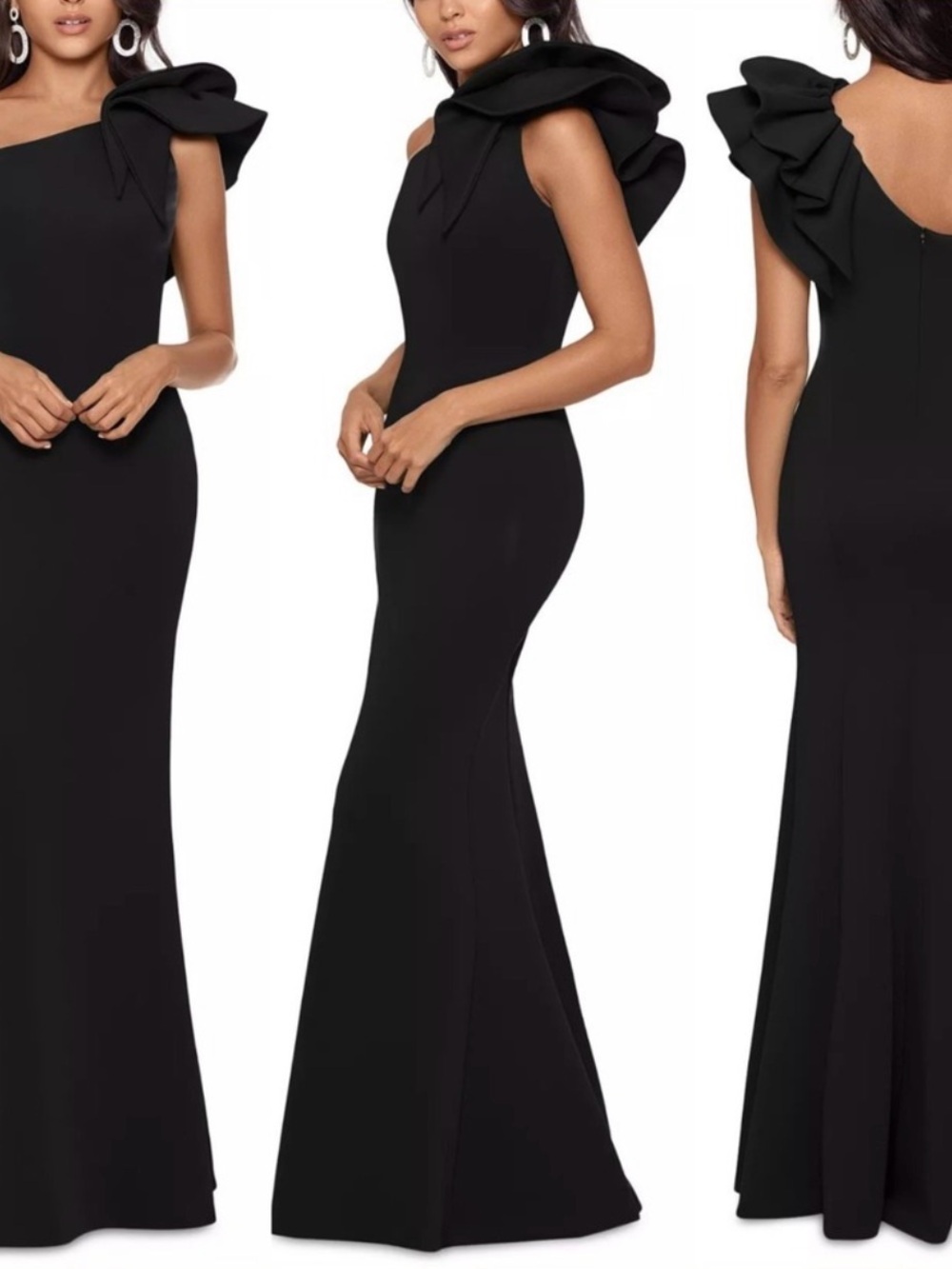 Betsy & Adam Black One-Shoulder Ruffle Gown